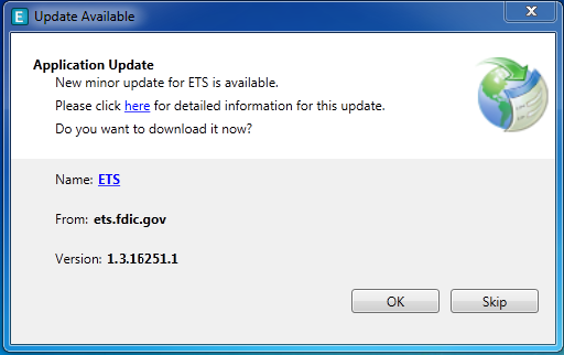 ETS new minor version available dialog